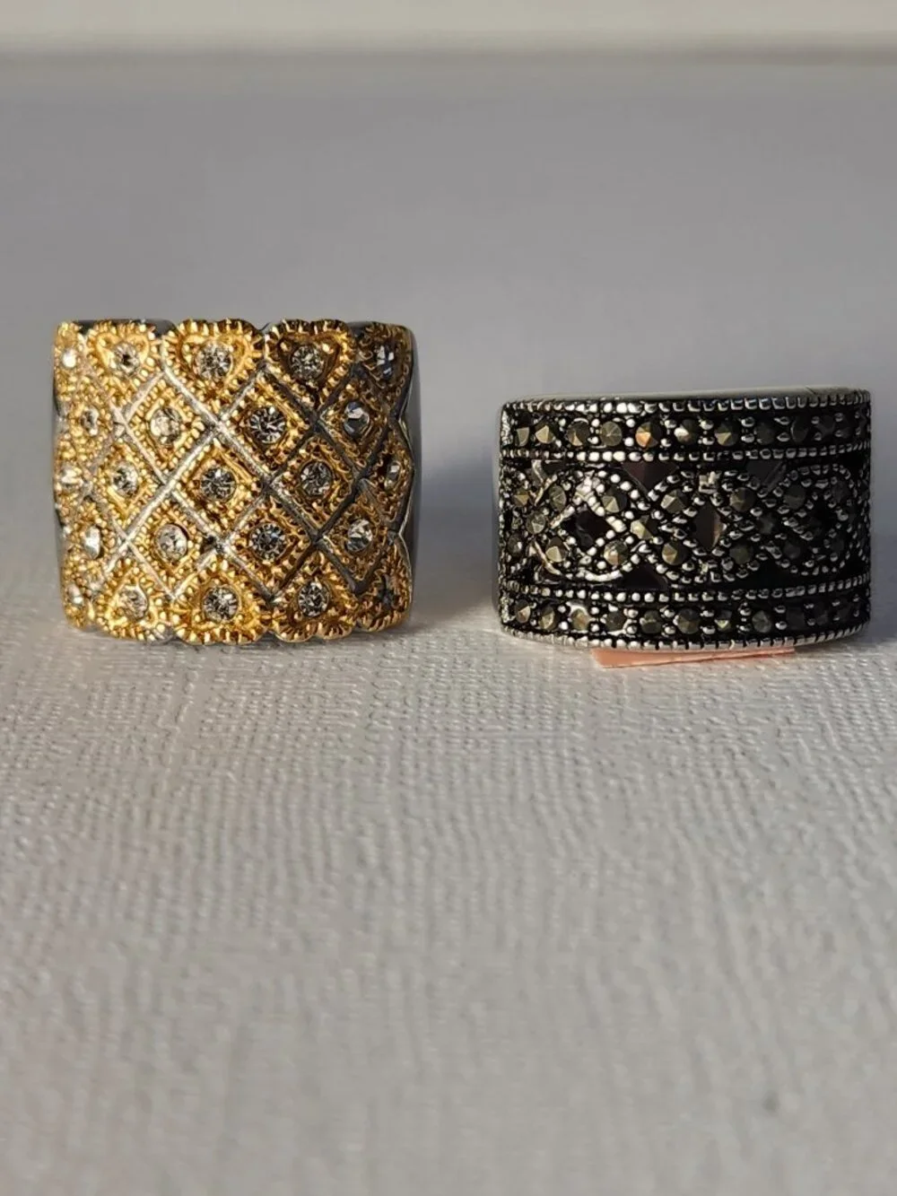 NWT Set of Gold Quilted Pavé + Black Marcasite Wide Band Ring Bundle Size 6 - Picture 9 of 10